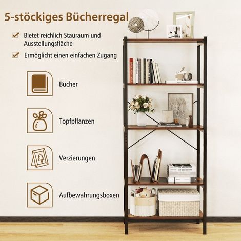 Bibliotheque en bois a 5 niveaux avec cadre en metal 66 x 34 x 161 cm