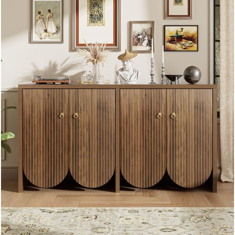Aparador de MDF acabado nogal, 147 x 40 x 80 cm, 4 puertas con baldas ajustables y tiradores de aluminio (1/5)