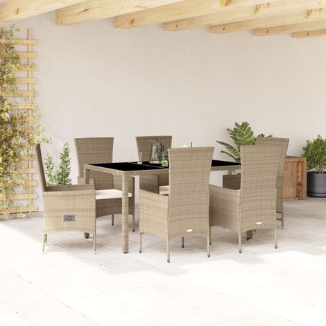 7-tlg. Garten-Essgruppe mit Kissen Beige Poly Rattan vidaXL (1/5)