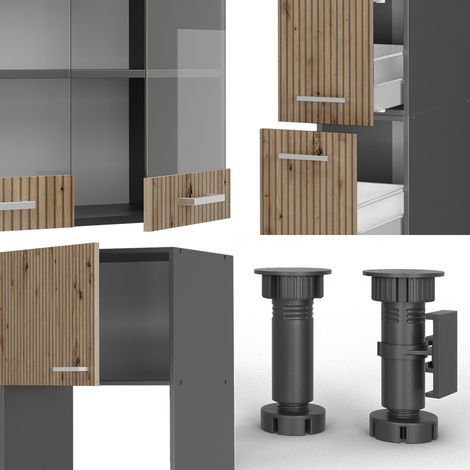 Mobile da cucina R-Line, Rovere artigianale/antracite, 350 cm con armadio alto, senza piano di lavoro, Vicco