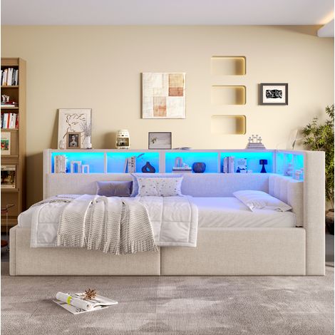 Sofá cama 90 x 200 cm con almacenamiento, puertos USB y Type-C, LED multicolor, beige HAVRYA (1/5)