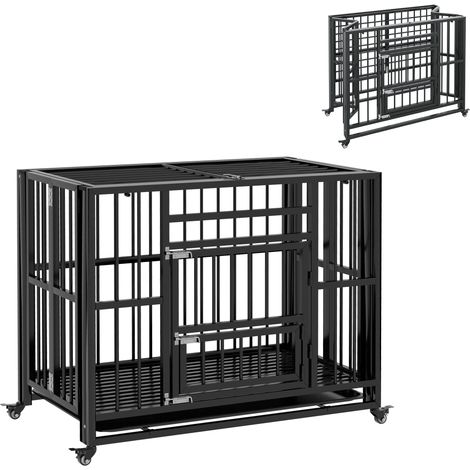 Hundebox Hundekäfig. inkl. Bodenwanne. Verriegelung. Universalrollen. 94 cm x 58 cm x 78 cm. Schwarz (1/4)
