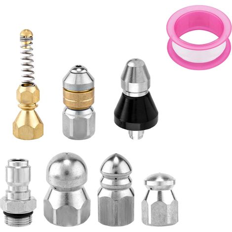 Sewer Cleaning Nozzle Kit with 1/4" NPT Quick Connectors and Adhesive Tape, Stainless Steel Pressure Cleaning Hose Nozzle for Pressure Washer 5000 PSI