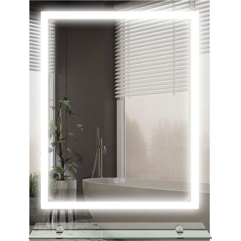 kleankin Badspiegel mit Beleuchtung 70 x 50 cm Rechteckiger Wandspiegel LED Spiegel mit Touchschalter, Memory-Funktion Lichtspiegel Beschlagfrei mit 3 Lichtfarben Transparent (1/5)