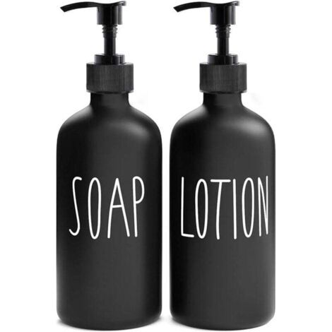QORVA-Distributeur de savon 2 pièces - Distributeur de savon - Pompe à savon - Verre - Noir - Ensemble de distributeurs de savon fixes pour salle de bain et douche