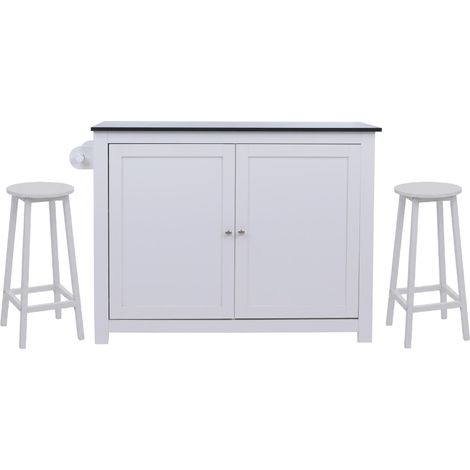 Kücheninsel HHG-683 mit 2 Sitzhockern, Küchenschrank Schublade Staufächer MDF 90x120x45cm weiß, Marmor-Optik schwarz