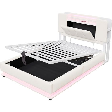 Cama infantil tapizada 90 x 200 cm con LED, USB y almacenaje hidráulico en terciopelo beige HOMVRA (1/5)