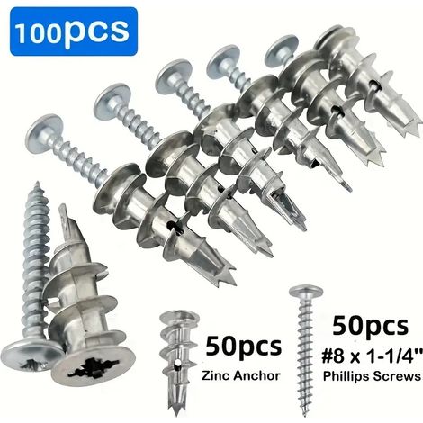 Lot de 100 chevilles métalliques autoforeuses zinguées avec vis Phillips, kit de fixation pour plaques de plâtre et cloisons creuses, 50 chevilles + 50 vis 8 x 1-1/4″ (1/4)