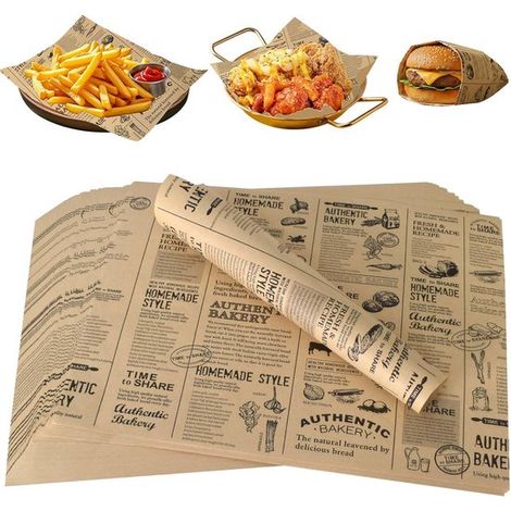 Carta marrone per gastronomia, 38 x 28 cm, 100 fogli. Carta non patinata, tessuta, ideale per hamburger, panini e piatti grigliati. Carta alimentare resistente al grasso. (1/5)