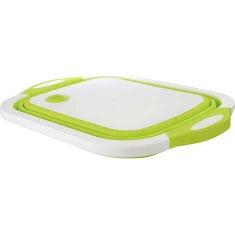 Planche à découper pliable 3-en-1 – Évier, bol et panier de rangement – Matériaux PP et silicone TPR (Blanc-vert) (1/5)