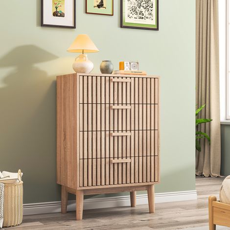 Commode 60x34x91 cm, avec 4 tiroirs, poignées en bois, MDF, style maison de campagne, pour salons et couloirs, Bois naturel