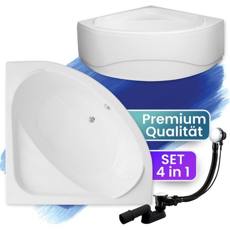 Badewanne Eckbadewanne 140x140 mit AcrylSchürze, Ablaufgarnitur & Füßen GRATIS - Komplettset 4in1 Original Acryl Wanne Siphon - BADLAND STANDARD