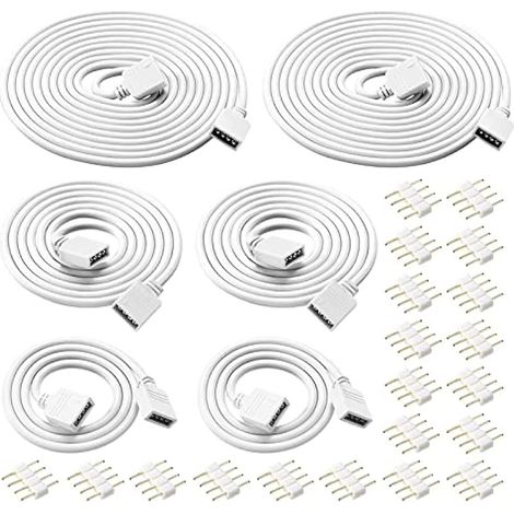 6pcs 0,5m/1m/2m Câble d'extension Bande LED RGB Rallonge de Ruban LED Extension Cable 4 Broches Extenseur Câble Stripe LED Connector, Connecteur pour SMD 5050 3528 2835 RGB LED Strip, Blanc (1/5)