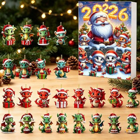 Calendrier de l'Avent Bébé Dragon 2026, 24 décorations suspendues en acrylique 2D avec de jolis dragons, ornements festifs pour le sapin de Noël et la décoration intérieure (1/5)