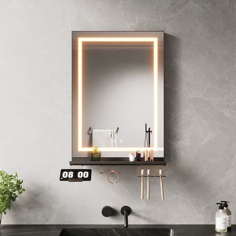 SIRHONA Anti-Fog Mirror lumineux de salle de bain with avec des étagères de rangement noires, réglable en 3 couleurs, 50x70 cm