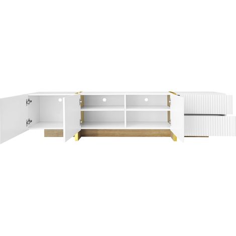 Meuble TV 190 cm, 3 portes, 2 tiroirs, blanc avec doré et veinage du bois (1/5)