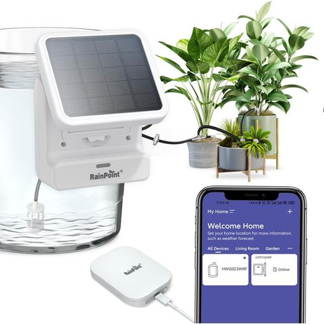 RAINPOINT WLAN-App-gesteuerter Bewässerungstimer für Zimmerpflanzen, solarbetriebene Pumpe, Regenverzögerung, intelligente Zeitplanung für Ihre Abwesenheit
