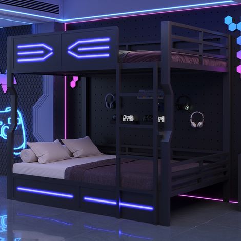 Litera de hierro forjado de 140 x 200 cm, con iluminación LED, diseño minimalista, barandillas altas, cama infantil, cama alta, color negro. (1/5)