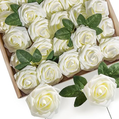 25 roses artificielles blanc laiteux  Roses artificielles d'un réalisme saisissant, fleurs décoratives pour bouquets et décoration intérieure (1/5)