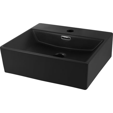 ML-Design Lavabo da Appoggio o con Montaggio a Muro in Ceramica Nera 415 x 360 x 130 mm Lavandino Moderno con Troppopieno e Foro di Scarico Sanitari Lavello per Bagno da Parete