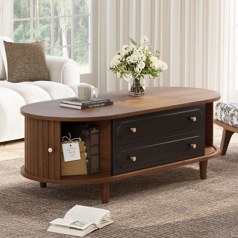 Table basse 100 x 50 x 36 cm effet noyer et noir, en panneaux de particules, avec 2 tiroirs, 2 portes tambour et 4 pieds stables (1/5)