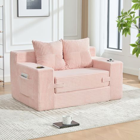 Canapé-lit 2 places en tissu effet cachemire avec pouf décoratif 2 coussins porte-gobelet poches latérales de rangement style moderne nordique rose (1/5)