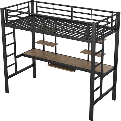 CAIzi(=WX000123AAB) Cadre de lit en métal, lit en fer, lit mezzanine avec bureau et deux bibliothèques pour enfants, adolescents et adultes, 90x200cm, noir (1/5)