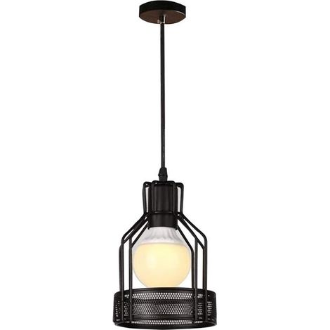 Lustre d'intérieur E27, plafonnier industriel vintage, suspension en métal noir avec cage en fer pour couloir, porche, chambre ou café (D)