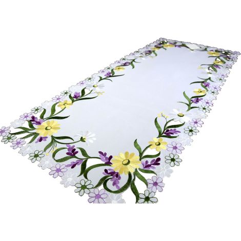Tischläufer, bestickt, weiß, 40/85, weiße Tischdecke mit Stickerei, Satin-Stoff