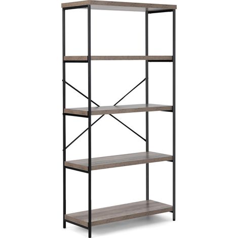 Rangement élégant pour salon ou bureau, bibliothèque grise 5 étagères avec cadre en métal et fixation murale (1/5)