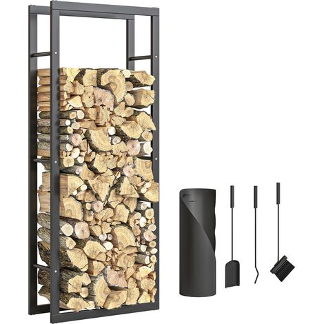 Range-bûches avec outils de cheminée - HOMCOM - balai pelle tisonnier seau - métal - 60x25x150cm - noir (1/5)