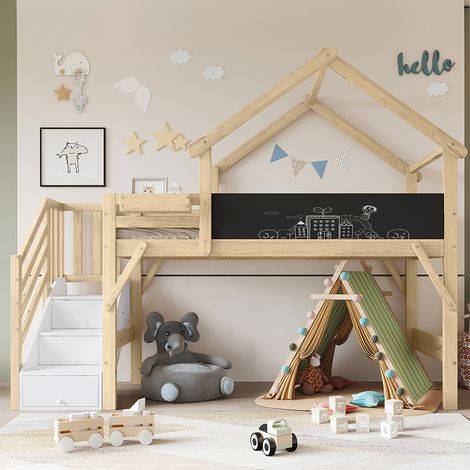 Lit superposé 90x200cm avec design de toit unique, 3 casiers fermés dans l'escalier, pin+MDF+contreplaqué, blanc+naturel (1/5)