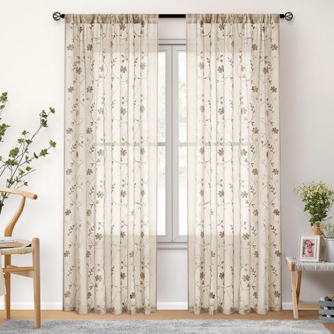 Tende semitrasparenti in tessuto floreale, a due pannelli, adatte per soggiorno e camera da letto, 132 x 213 cm, color kaki