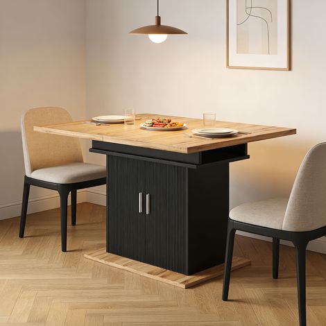 Table repas extensible 110-140 cm avec placard ondulé noir et naturel (1/5)