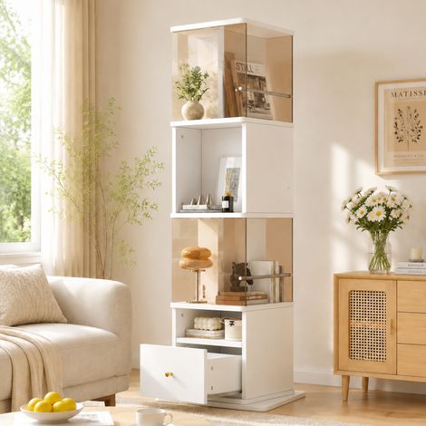 5050160cm, vitrine rotative, verre trempé brun, panneau MDF mélaminé, plateau tournant, panneau MDF mélaminé, glissières de tiroir, poignées dorées, blanc + brun. (1/4)