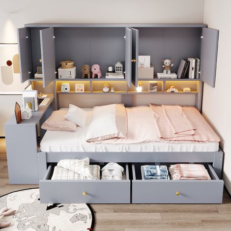 Lit en bois multifonction 90x200 cm avec bureau intégré, armoires et étagères multiples, tiroirs, LED et prises, gris, design fonctionnel et pratique (1/5)