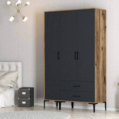 Dmora - Armario 3 puertas Albireo, Muebles de dormitorio, Vestidor, Armario de ropa, 120x201h48 cm, Nogal y Antracita, con embalaje reforzado (1/5)