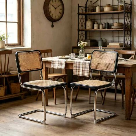 Set di 2 sedie da pranzo, sedia cantilever design Breuer rétro per cucina e soggiorno, metallo cromato, rattan e tessuto, nero e legno (1/5)