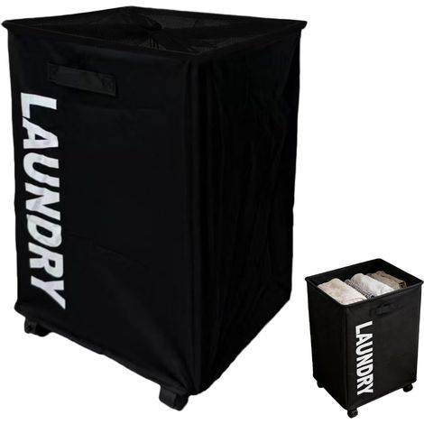 Panier à Linge Pliable - 1 Unité - Tissu Oxford et Métal - Grande Capacité avec Roulettes - Pour Maison et Hôtel - Noir 57x40x34cm (1/5)