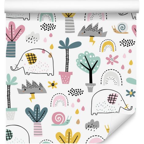 Papier peint « Éléphants, nuages et palmiers » pour salon et chambre 50 x 1000 cm (1/5)