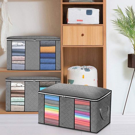 Lot de 4 sacs de rangement pour vêtements, grande capacité, pliables, avec fenêtre transparente et fermeture éclair, pour armoires et greniers. (1/5)