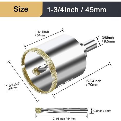 Scie Cloche Diamant 45 mm avec Foret Guidage de Centrage,Foret trépan Diamant pour verre, carrelage, céramique, marbre, granit (1/5)