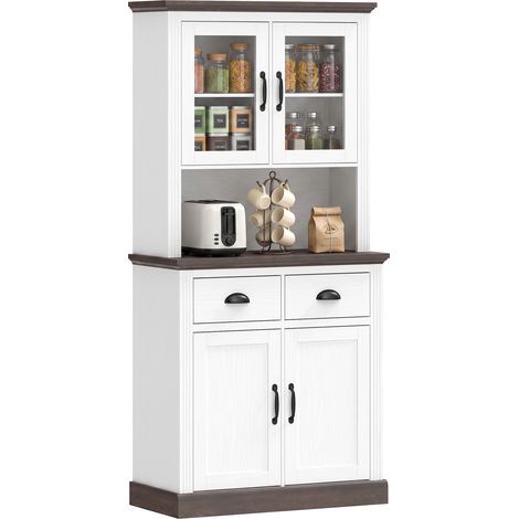 HOMCOM alacena de cocina alta con puertas de cristal, 2 cajones, estantes ajustables, compartimento abierto, 80x38x170 cm, blanco y marrón (1/5)