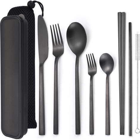 Set De Couverts - En Acier Inoxydable - Couteau Fourchette Cuillère Chopsitiques Paille Courbée Paille Droite Brosse À Paille Et Étui De Transport - 8 Pièces (1/5)