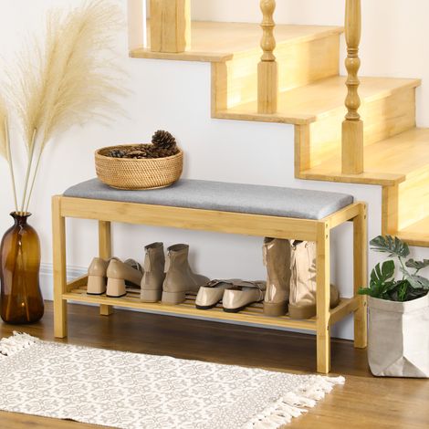 Banco Zapatero de Bambú Zapatero con Asiento Tapizado para 3 Pares de Zapatos con Estante de Listones 90x30x46cm Natural (1/5)