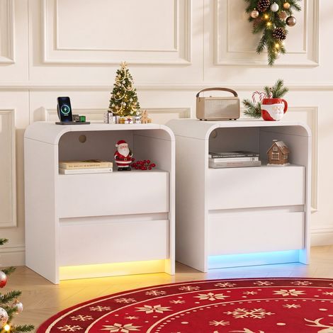 Table de chevet lot de 2, table de nuit intelligente avec LED et prise USB Type-C chargeur sans fil, meuble de chambre avec 2 tiroirs et niche, blanc (1/5)