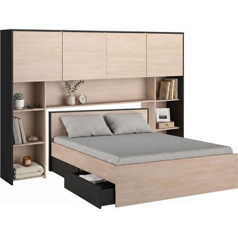 Conjunto de Dormitorio Matrimonio Celest - Cama 135x190 cm, 2 Cajones, Cabecero Puente 218 cm, Roble y Negro (1/5)