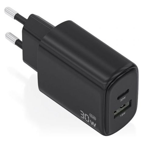 Cargador de Pared GaN Aisens A110-0978/ 1xUSB Tipo-C/ 1xUSB/ 30W/ Negro