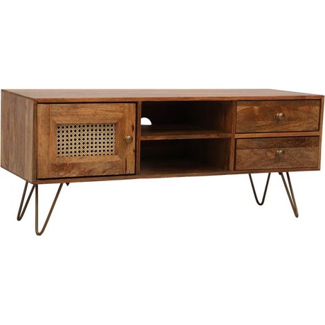 Nyack TV unit - Mango Wood/Iron - L40 x W120 x H50 cm - Light Brown with Natural Rattan - Assembly Required