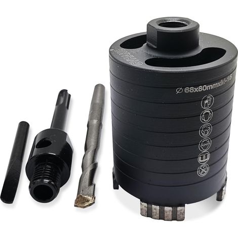 Couronne de forage diamantée, couronne de carottage, kit de 68 mm, hauteur de segment 10 mm, avec foret de centrage 10 x 120 mm, pour boîtes d'encastrement électriques dans le béton (1/5)